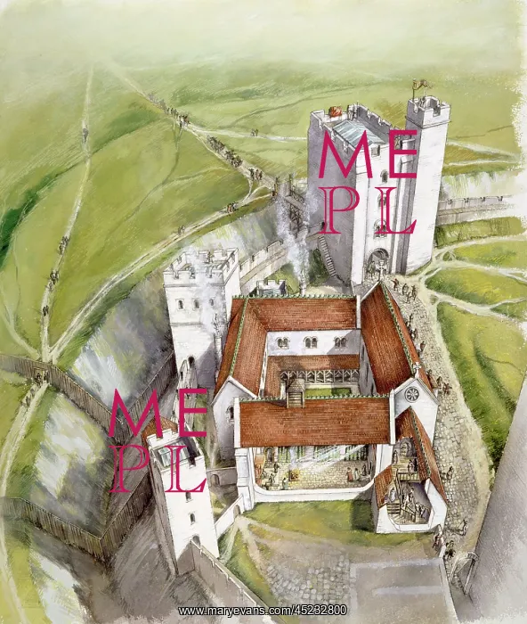 : Old Sarum, Wiltshire. Aerial view reconstruction drawing of the gatehouse : Old Sarum, Wiltshire. Aerial view reconstruction drawing of the gatehouse