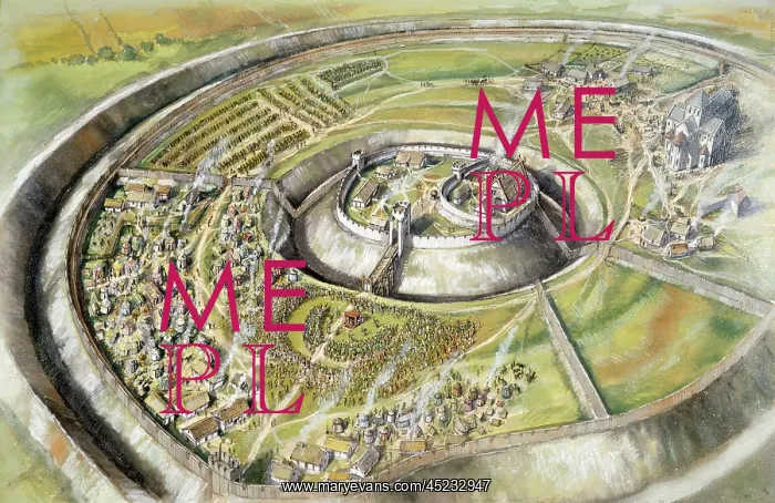 : Old Sarum, Wiltshire. Distant aerial view reconstruction drawing of William : Old Sarum, Wiltshire. Distant aerial view reconstruction drawing of William