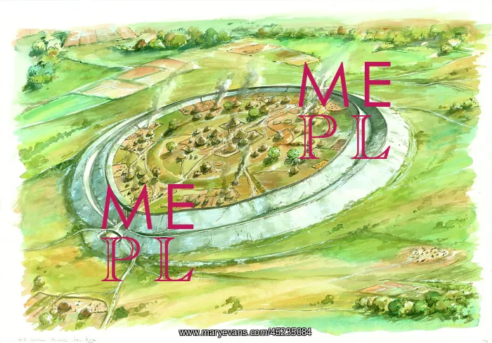 : Old Sarum, Wiltshire. Aerial reconstruction of the Iron Age settlement, by Peter Dunn : Old Sarum, Wiltshire. Aerial reconstruction of the Iron Age settlement, by Peter Dunn
