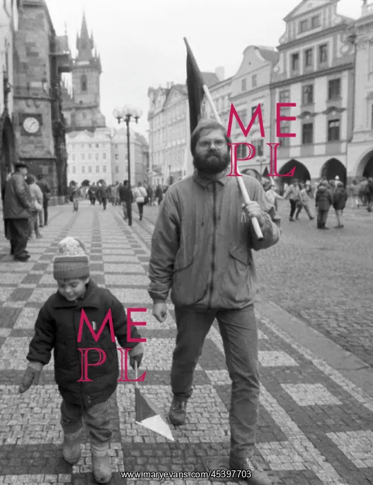 : Old Town Square - father - child - flags - demonstration : Old Town Square - father - child - flags - demonstration
