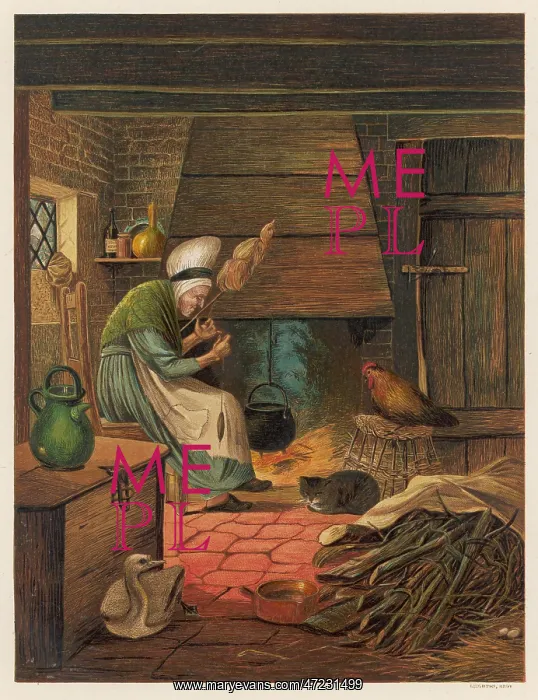: Old woman spinning in her cottage : Old woman spinning in her cottage