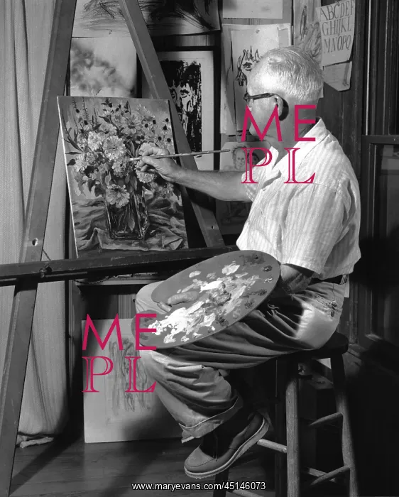 : Older Man Doing a Painting on an Easel : Older Man Doing a Painting on an Easel