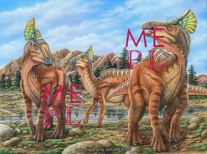 : Olorotitan dinosaurs walking by a stream : Olorotitan dinosaurs walking by a stream
