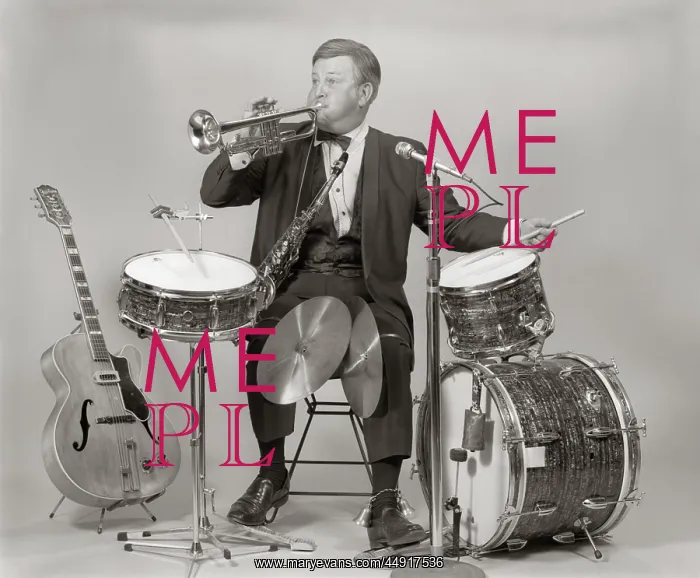 : One-man band man in tuxedo blowing trumpet playing : One-man band man in tuxedo blowing trumpet playing