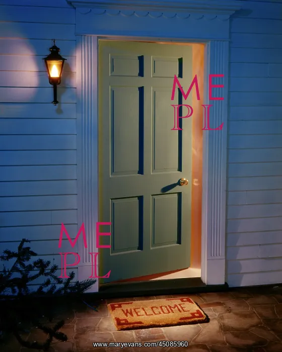 : Open Front Home Doorway at Night with Welcome Mat : Open Front Home Doorway at Night with Welcome Mat