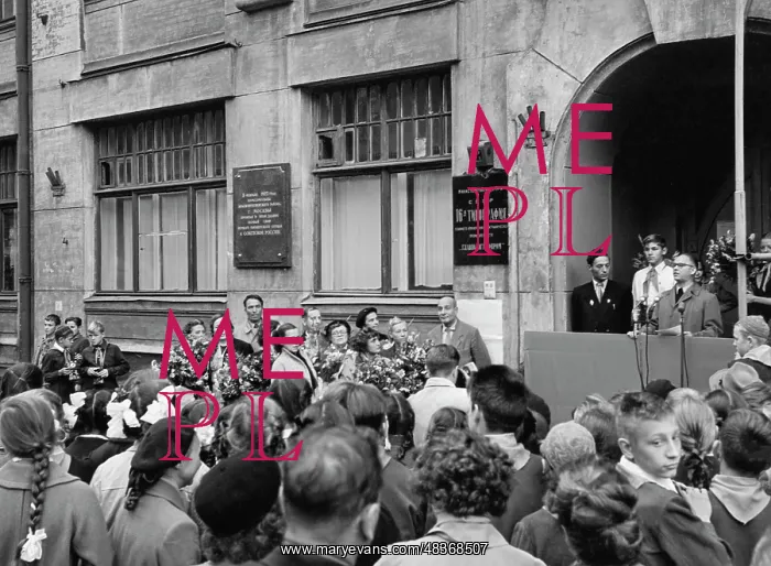 : Opening of memorial board on building where first : Opening of memorial board on building where first