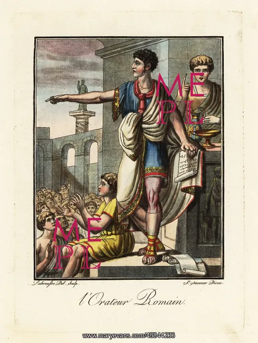: An orator speaking to a crowd in a forum, ancient Rome : An orator speaking to a crowd in a forum, ancient Rome