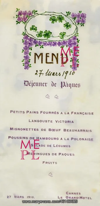 : Order of courses of the Easter menu, 1910 : Order of courses of the Easter menu, 1910