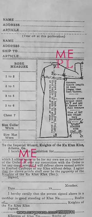 : Order form for a $6.50 Ku Klux Klan uniform. ? : Order form for a $6.50 Ku Klux Klan uniform. ?