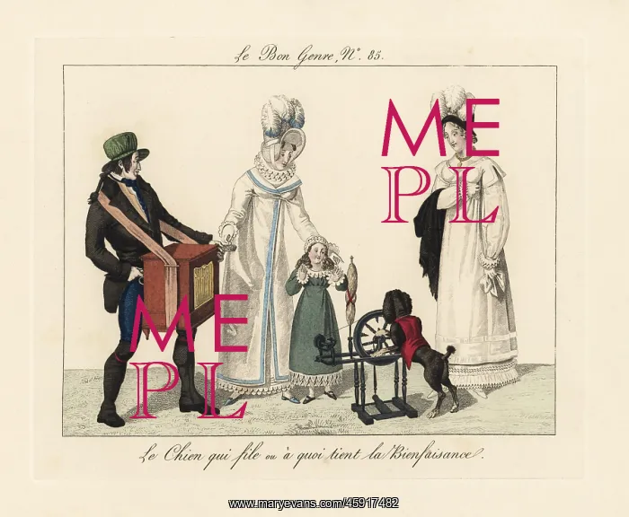 : An organ grinder and a poodle with spinning machine : An organ grinder and a poodle with spinning machine