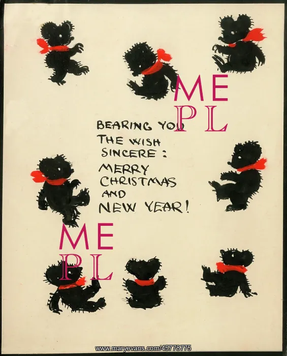 : Original Artwork - Christmas greetings from eight teddies : Original Artwork - Christmas greetings from eight teddies