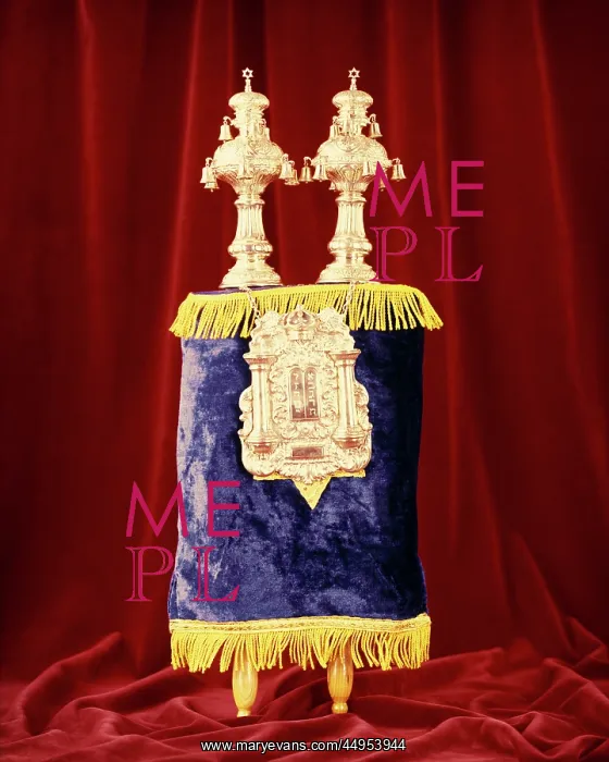 : Ornate Torah Scrolls with Purple Fabric Mantle : Ornate Torah Scrolls with Purple Fabric Mantle