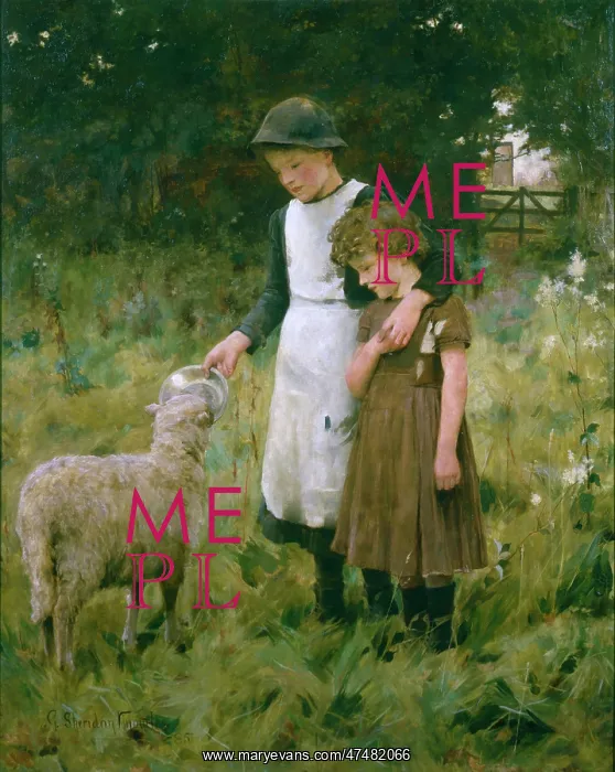 : The Orphans – two children feeding a lamb : The Orphans – two children feeding a lamb