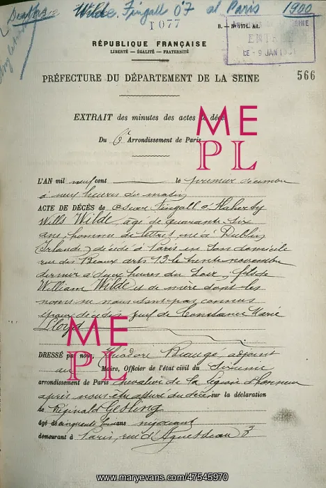 : Oscar Wilde, death certificate