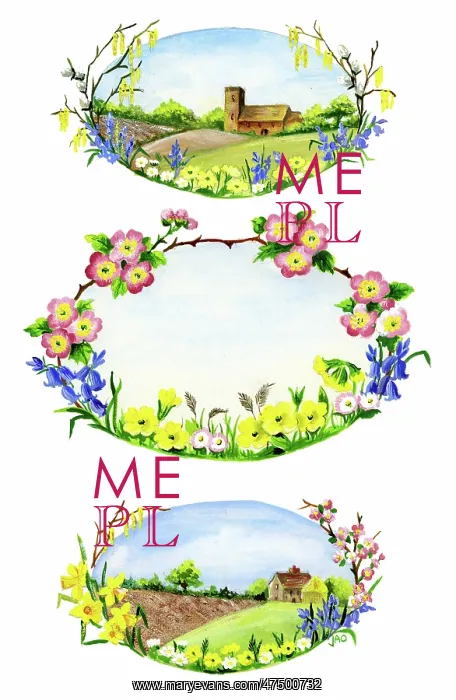 : Ovals with spring flowers and church : Ovals with spring flowers and church