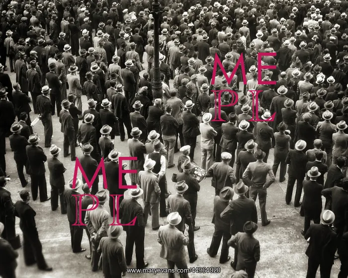: Overhead Shot of Large Crowd of Men Most Wearing : Overhead Shot of Large Crowd of Men Most Wearing