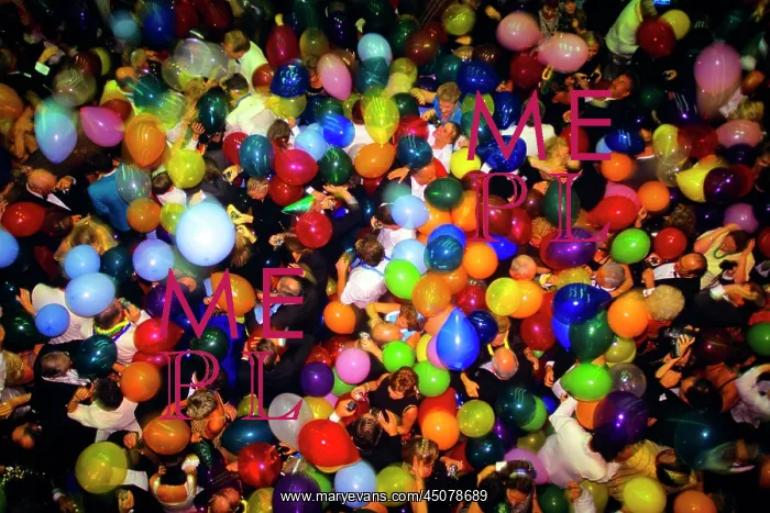 : Overhead View Crowd of Partygoers Heads and Balloons : Overhead View Crowd of Partygoers Heads and Balloons