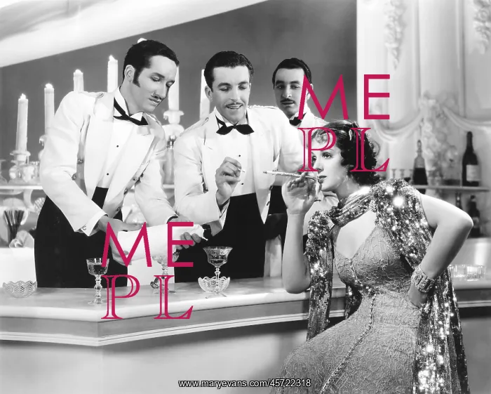 : Two overly attentive waiters light a woman's cigarette : Two overly attentive waiters light a woman's cigarette