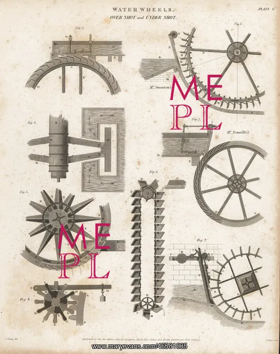 : Overshot and undershot waterwheels, 19th century : Overshot and undershot waterwheels, 19th century