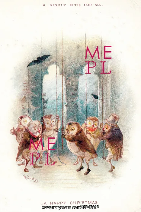 : Six owl bellringers on a Christmas card : Six owl bellringers on a Christmas card