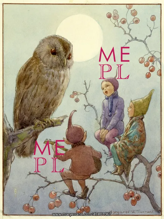 : An owl being serenaded by three elves : An owl being serenaded by three elves