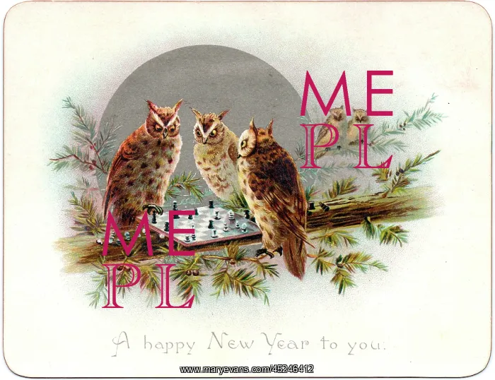 : Three owls on a New Year card : Three owls on a New Year card