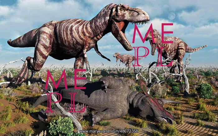 : A pack of carnivorous T-rex dinosaurs with their : A pack of carnivorous T-rex dinosaurs with their