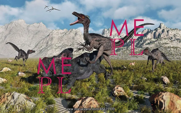 : A pack of Velociraptors attack a lone Protoceratops : A pack of Velociraptors attack a lone Protoceratops