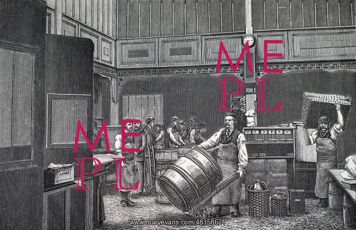 : Packing room, Evans & Sons drugs warehouse, Liverpool, 1887 : Packing room, Evans & Sons drugs warehouse, Liverpool, 1887
