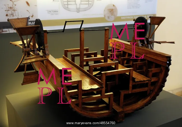 : Paddle boat. Study by Leonardo da Vinci, 15th century. Mode : Paddle boat. Study by Leonardo da Vinci, 15th century. Mode