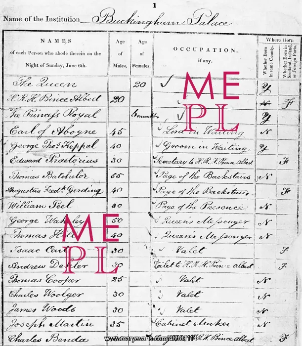 : Page of Buckingham Palace Census Return for 1841 : Page of Buckingham Palace Census Return for 1841