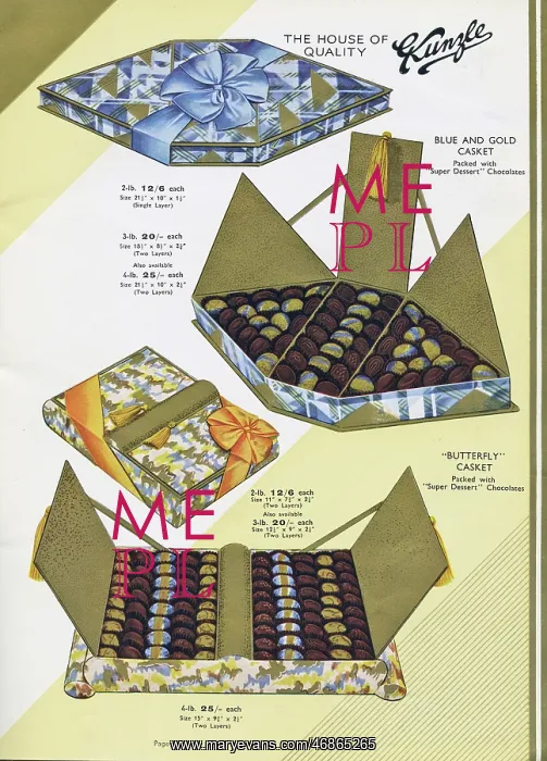 : Page from a catalogue, Kunzle Chocolate List : Page from a catalogue, Kunzle Chocolate List