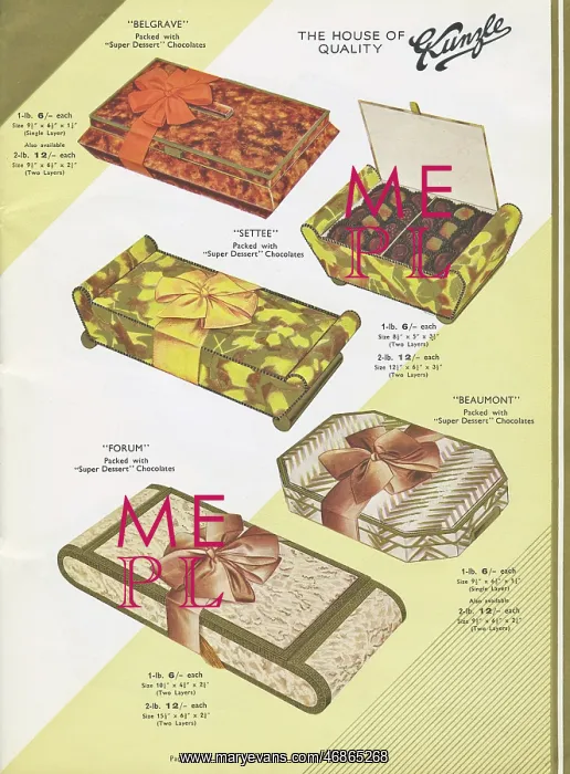 : Page from a catalogue, Kunzle Chocolate List : Page from a catalogue, Kunzle Chocolate List