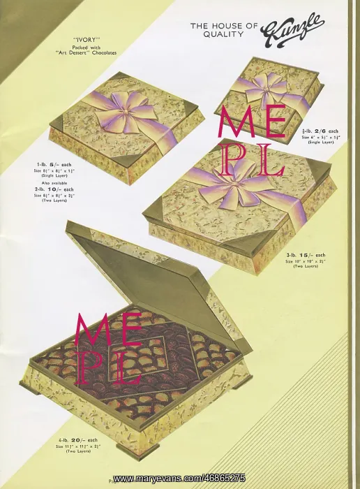 : Page from a catalogue, Kunzle Chocolate List : Page from a catalogue, Kunzle Chocolate List