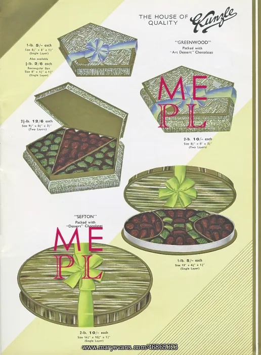 : Page from a catalogue, Kunzle Chocolate List : Page from a catalogue, Kunzle Chocolate List