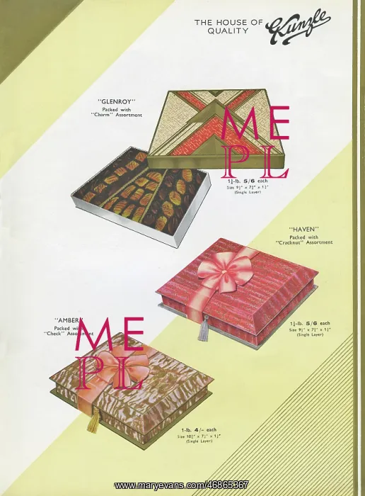 : Page from a catalogue, Kunzle Chocolate List : Page from a catalogue, Kunzle Chocolate List