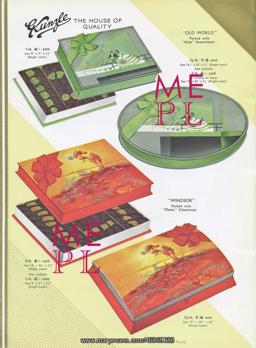 : Page from a catalogue, Kunzle Chocolate List : Page from a catalogue, Kunzle Chocolate List
