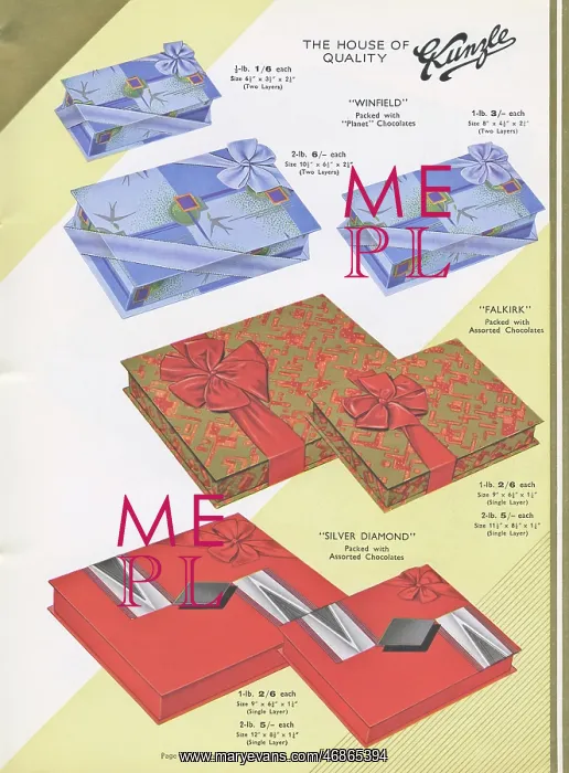 : Page from a catalogue, Kunzle Chocolate List : Page from a catalogue, Kunzle Chocolate List