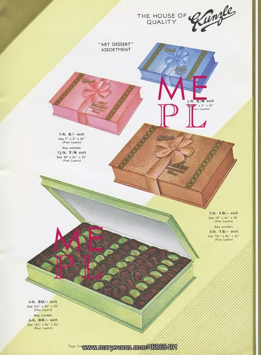 : Page from a catalogue, Kunzle Chocolate List : Page from a catalogue, Kunzle Chocolate List