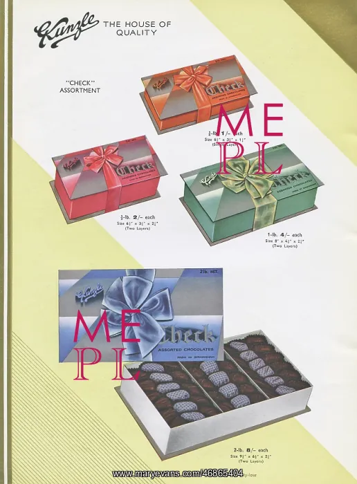 : Page from a catalogue, Kunzle Chocolate List : Page from a catalogue, Kunzle Chocolate List