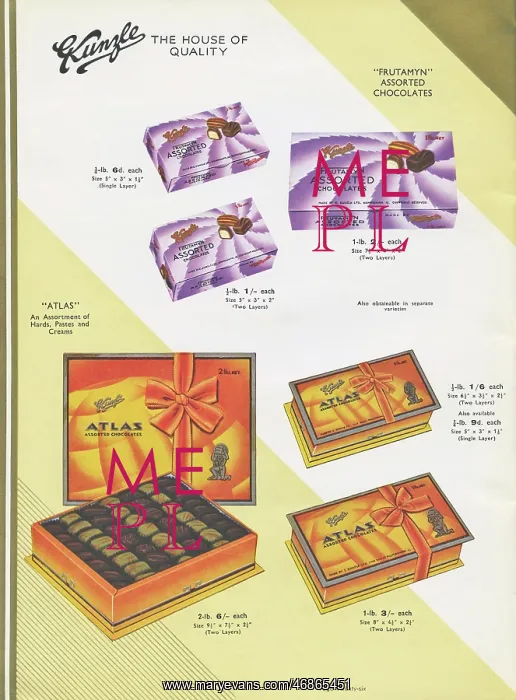: Page from a catalogue, Kunzle Chocolate List : Page from a catalogue, Kunzle Chocolate List