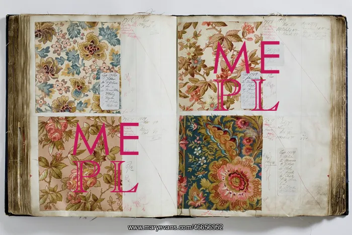 : Pages from a book of textile samples, annotated by hand with : Pages from a book of textile samples, annotated by hand with