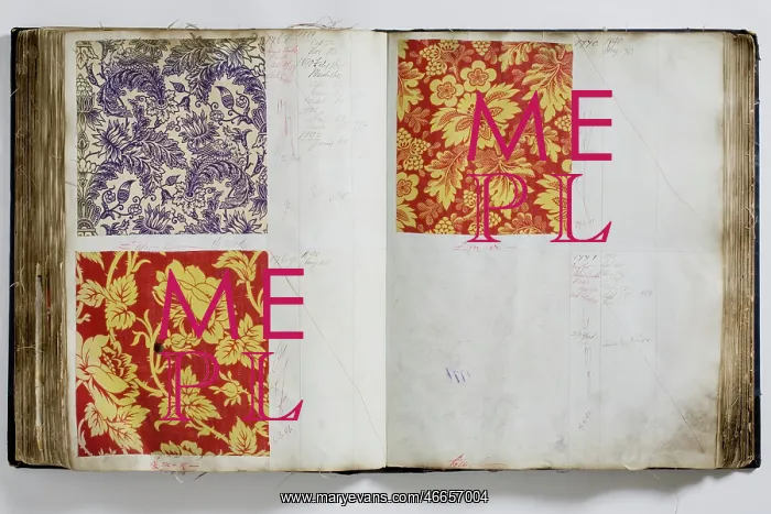 : Pages from a book of textile samples, annotated by hand with : Pages from a book of textile samples, annotated by hand with
