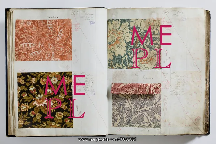 : Pages from a book of textile samples, annotated by hand with : Pages from a book of textile samples, annotated by hand with