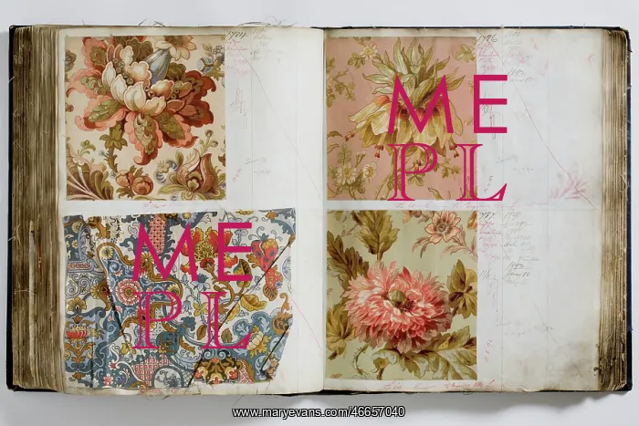 : Pages from a book of textile samples, annotated by hand with : Pages from a book of textile samples, annotated by hand with