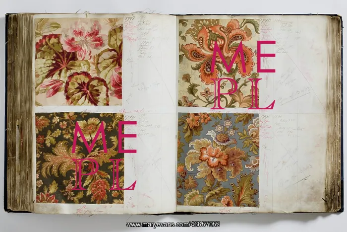 : Pages from a book of textile samples, annotated by hand with : Pages from a book of textile samples, annotated by hand with