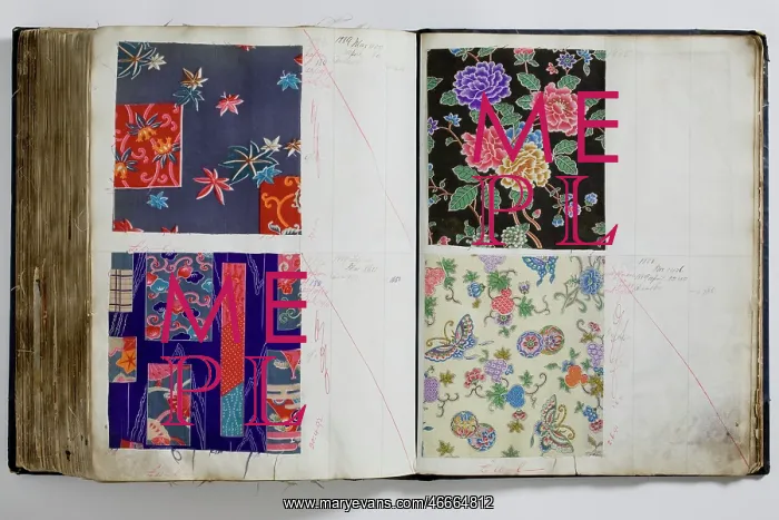 : Pages from a book of textile samples, annotated by hand with : Pages from a book of textile samples, annotated by hand with