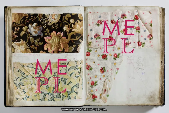 : Pages from a book of textile samples, annotated by hand with : Pages from a book of textile samples, annotated by hand with