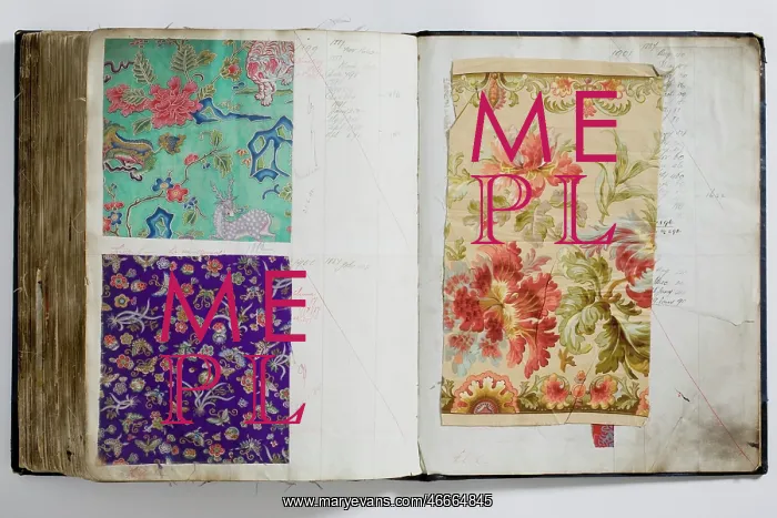 : Pages from a book of textile samples, annotated by hand with : Pages from a book of textile samples, annotated by hand with