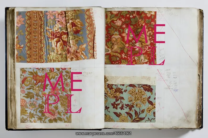 : Pages from a book of textile samples, annotated by hand with : Pages from a book of textile samples, annotated by hand with